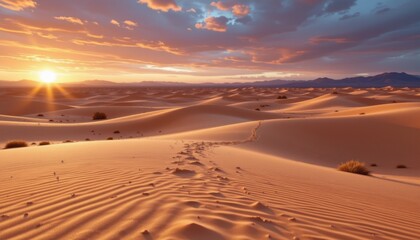 Sunset Over Desert Dunes with Winding Footsteps