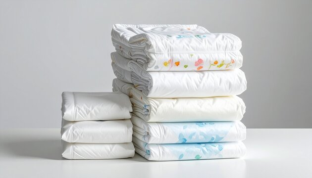 Folded Baby Diapers Stack on Neutral Background, Parenthood Concept
