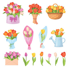 Fototapeta premium Cartoon tulips bunch. Tulip bouquet, field flowers bunches garden wildflowers bouquet wrapping romantic love gift woman day present spring concept, set neat vector illustration