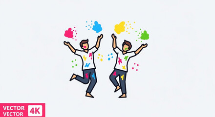 Two joyful people dancing with colorful paint splatters around them in a lively celebration atmosphere