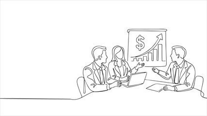 One continuous line drawing of young happy board of directors discussing company profit sharing during meeting. Business training concept. Trendy single line draw design vector graphic illustration