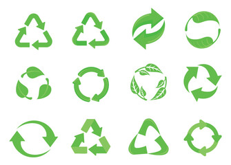 Fototapeta premium Recycling arrows symbols. Reduce, reuse recycle arrow icons eco green leaf nature logo sustainability energy earth environment ecology cycle concept, set neat vector illustration