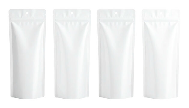 Four vertical, pristine white pouches with a zipper closure and a circular hole. Each one stands upright, casting soft shadows