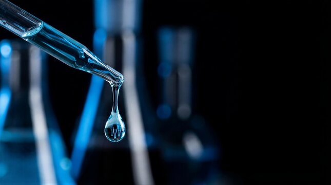 Blue liquid droplet from a pipette on a dark background. Scientific research and medical innovation in a laboratory setting for pharmacy development