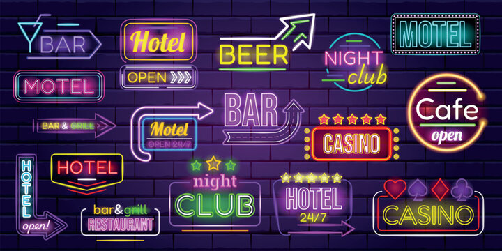 Motel neon signboards. Glowing neon signs, retro motel bar signage night advertising banners vintage sign boards hotel casino vegas restaurant light icon, kicky vector illustration