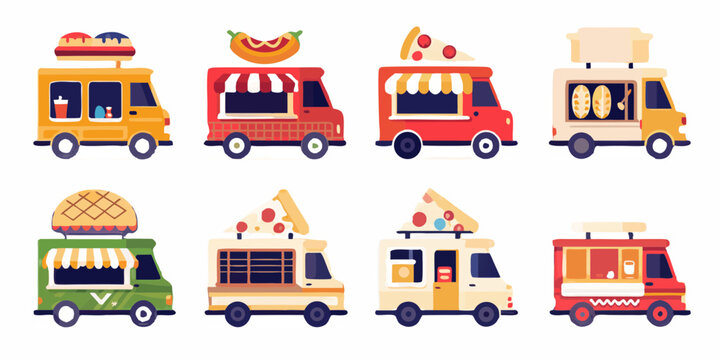 Colorful food trucks selling various meals and treats in a flat design