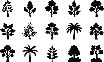 Fototapeta premium Set of vector silhouette design with 12 tree and plant illustrations bundle of black icons