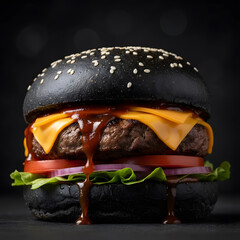Gourmet beef burger with melting cheese and dripping sauce on a black charcoal bun, dark moody background, professional food photography.