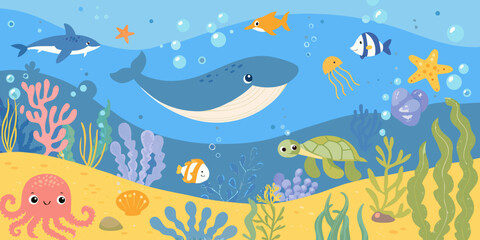 Obraz premium Colorful cartoon illustration depicting various marine life in a blue ocean