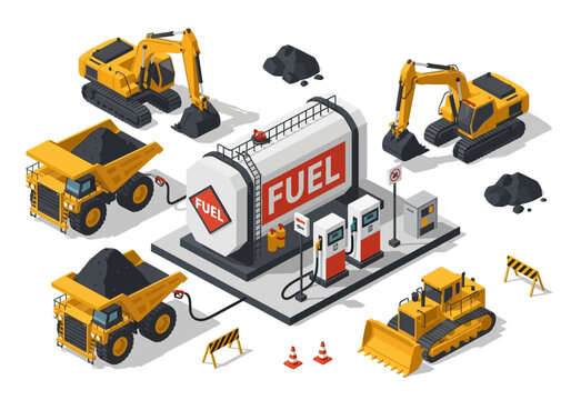 Isometric illustration of heavy construction and mining equipment refueling at a fuel station, including excavators, dump trucks, and a bulldozer.