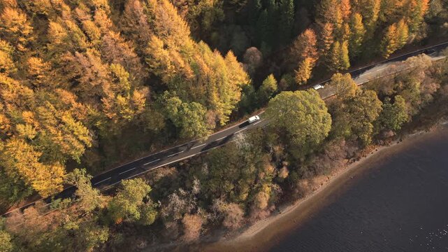 Aerial view of a road cutting through a forest with autumn colors next to a lake with dark water, Callander, Scotland, United Kingdom.