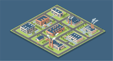 Industrial Park Isometric Illustration Production Buildings Manufacturing Facilities and Roads Connecting Business Environment