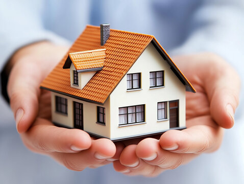 Close up of a man holding a model house in his palms. Symbol of buying, selling or inheriting property. Toy house