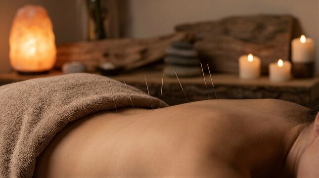 Woman receiving acupuncture treatment on her back for pain relief. Alternative medicine and traditional healing for wellness and balance concept