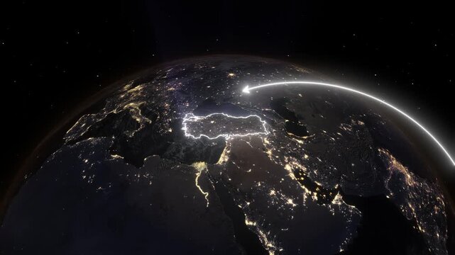 3D Earth Night Flight Path Arc from Colombo Sri Lanka to Istanbul Turkey