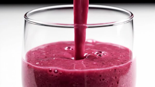 Thick berry smoothie pouring into a glass. Creamy, healthy, fresh drink. Vibrant magenta liquid. Close-up shot