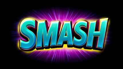 Obraz premium Comic text neon glow word art typography vibrant color light burst energy pop art lettering smash drives bold scene with teal glossy letter over purple glow, dynamic motion and impact