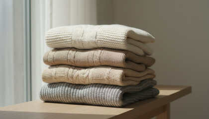 Warm layers of knitted sweaters neatly stacked on wooden table provide comfort and aid thermoregulation when you wear them in cool weather