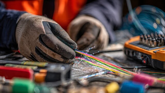 Technician Fusion Splicing Fiber Optic Cables Close-Up | Digital Infrastructure & Connectivity Background | Technical Maintenance Stock Photo