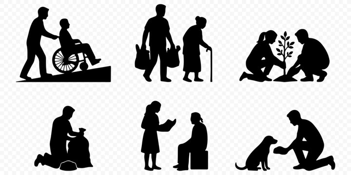 Volunteering and social care silhouettes set featuring disability assistance, helping elderly, tree planting, reading to children, and animal rescue isolated