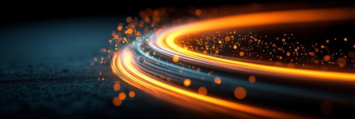 Obraz premium Glowing light trails creating abstract energy flow on black. Abstract glowing light trails with particles showing dynamic energy and speed. Abstract wallpaper