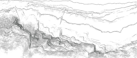 Obraz premium Detailed topographic contour map of rugged terrain with steep cliffs and layered geological formations