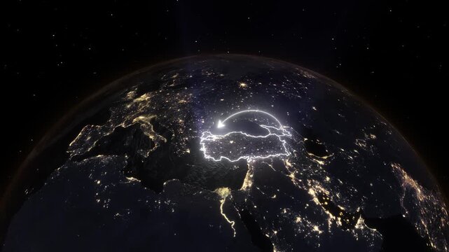 3D Earth Night Flight Path Arc from Tbilisi Georgia to Istanbul Turkey