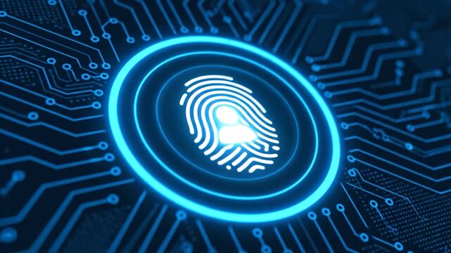 Glowing blue fingerprint graphic with person inside, set against a circuit board design