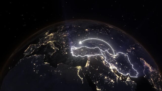 3D Earth Night Flight Path Arc from Tehran Iran to Istanbul Turkey