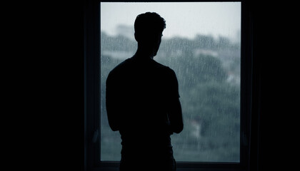 Silhouette of a man gazing through rainy window, ideal for mood boards, social media posts, website banners, and blog illustrations.