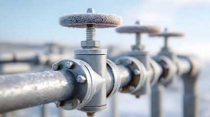 Detailed view of a cold industrial pipeline system with frost covered valves and connections highlighting the harsh winter weather conditions and the robust engineering of the infrastructure