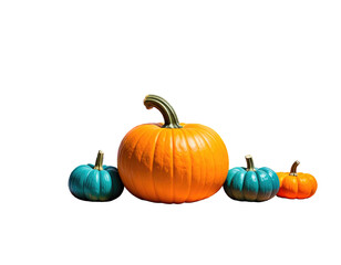 Obraz premium Four pumpkins of varying colors arranged in a row against a plain black backdrop