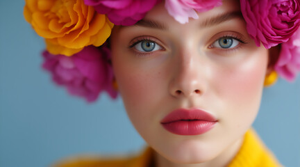 Naklejka premium Headshot of a young woman in a yellow sweater with a pink and yellow floral headdress. Spring beauty and fashion concept