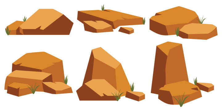 Desert rocks formation illustration with grass for background, environment landscape. Vector isolated.