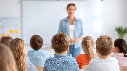 A teacher stands at the front of a bright classroom leading a lesson for young students seated at their desks all focused on the whiteboard
