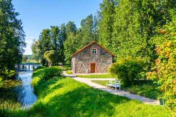 Building for flax storage in the Mikhailovskoye museum-estate in the Pushkin Mountains, Pskov region, Russia