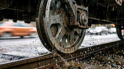 Fototapeta premium Rainy Day Railway Wheel Spinning Wet Track