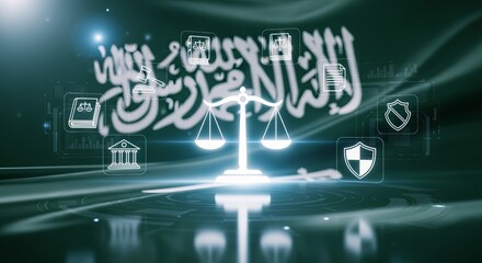 Justice in Saudi Arabia A Modern Legal System with Scales and Governmental Authority Icons