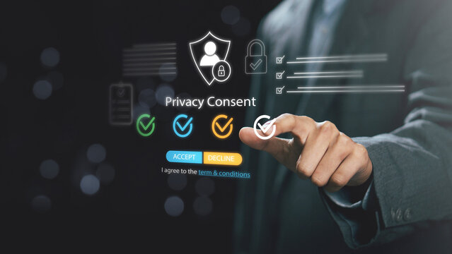 Business professional approving privacy consent on digital interface, data protection and cybersecurity concept, user agreement, personal information security and online terms approval.