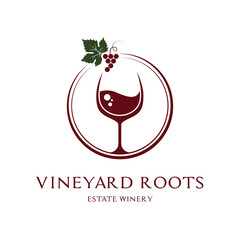 Vineyard Roots Estate Winery Logo - Elegant Wine Glass and Grape Icon