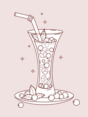 Outline Blackcurrant Drink with Ice Cubes, Berries and Mint Leaves. Summer Refreshing Cocktail in glass and straw on Saucer. Line drawing, coloring page. Vector Illustration