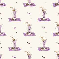 Purple Blackcurrant Drink with Ice Cubes Seamless Pattern. Seasonal Berries Cocktails, Mint and Ice Cubes in glass with straw on White Background. Vector Illustration