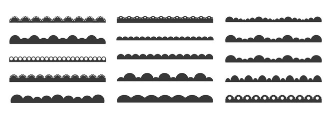 Fototapeta premium Scalloped border fluffy scalloped edge set. lace border, textile frill stripe. Cutout wavy decoration line frame collection