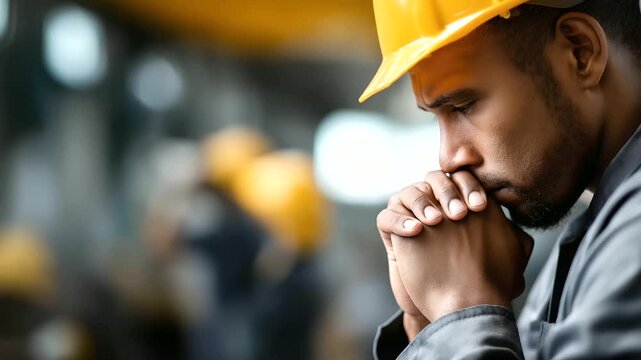 African American industrial worker implied through posture, faceless, manufacturing plant blurred, with copy space