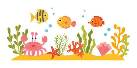 Fototapeta premium Colorful illustration of marine life including fish crab and coral
