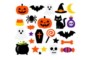 Cute Halloween Icons Set. Vector Clip Art Collection with Jack-o'-Lanterns, Ghosts, Black Cat, Bat, Candy, Witch Hat, and Cauldron. Spooky Sticker Elements.