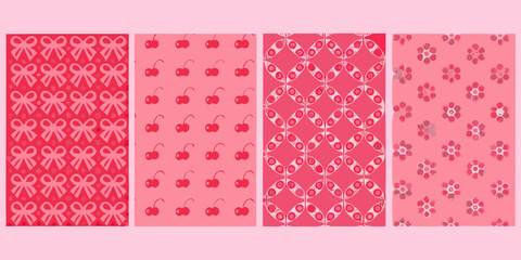 Four pink patterned backgrounds featuring bows cherries hearts and flowers