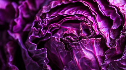 Obraz premium Closeup view of purple cabbage showcasing texture and layers on a dark background for clear contrast