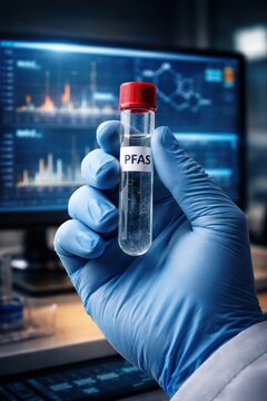 Laboratory technician in blue gloves holds test tube labeled PFAS in front of computer screen displaying colorful data graphs and laboratory equipment in the background