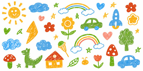 Fototapeta premium Colorful crayon drawings of a sun rainbow and various playful objects